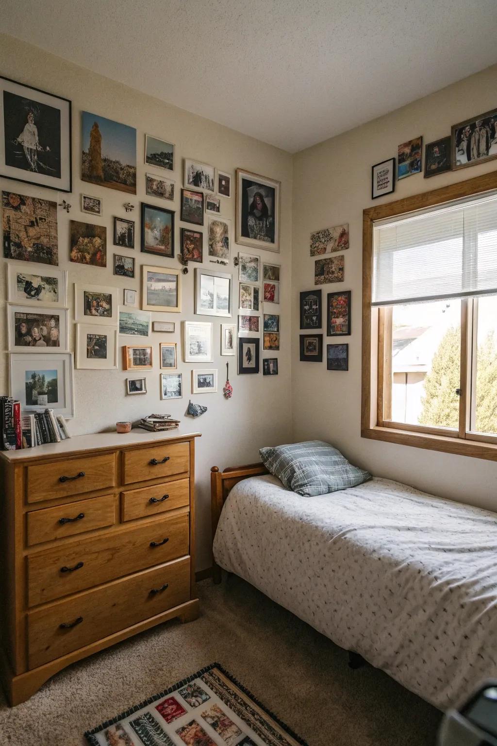 A photo collage wall captures cherished memories and personalizes the space.