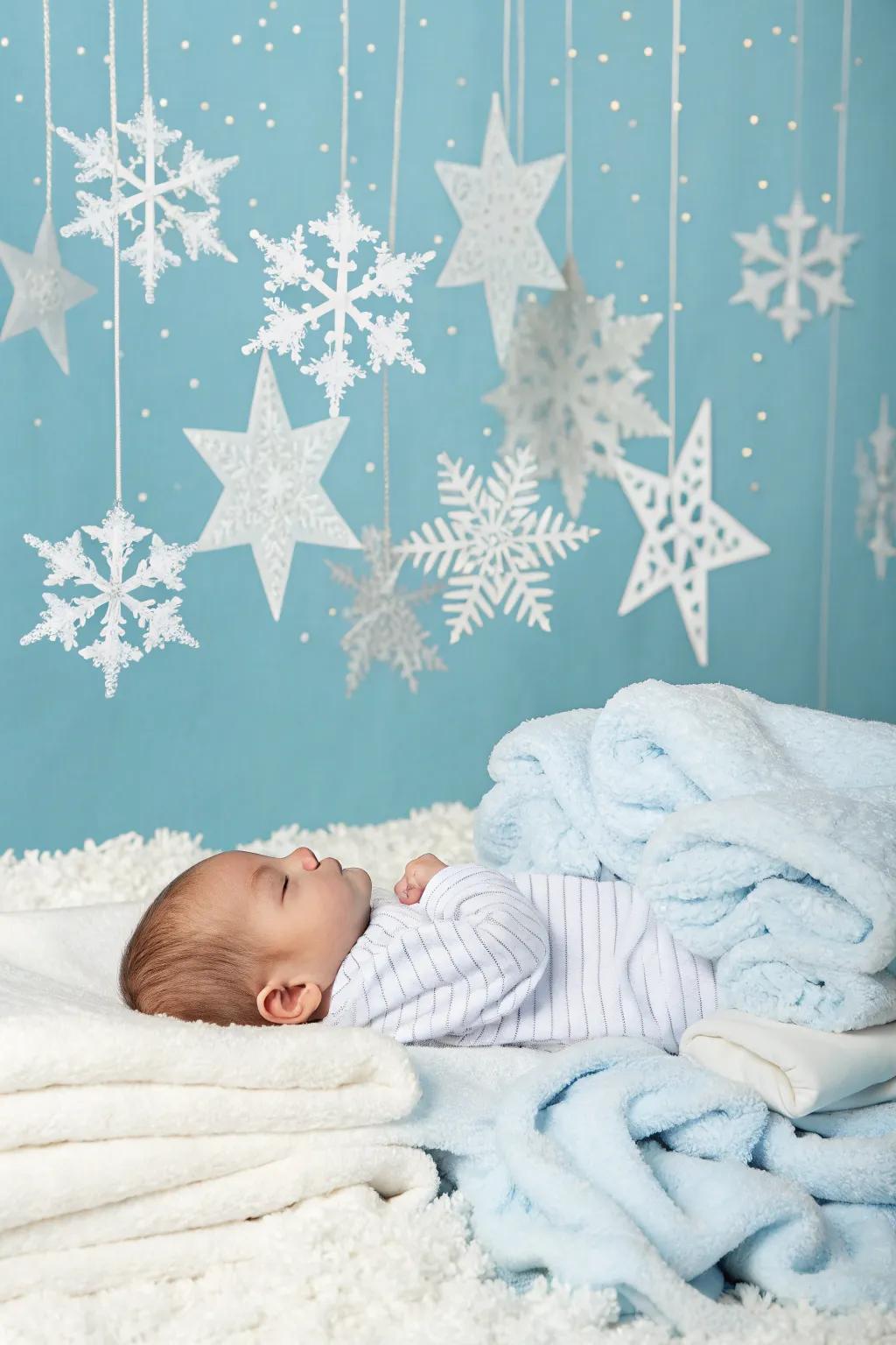 Highlight the beauty of winter with a snowflake-themed setup.