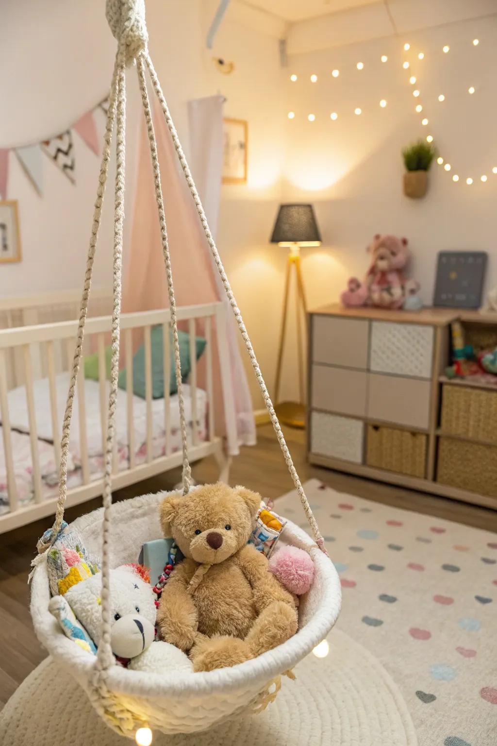 A stuffy swing keeps toys organized and adds whimsy to the room.