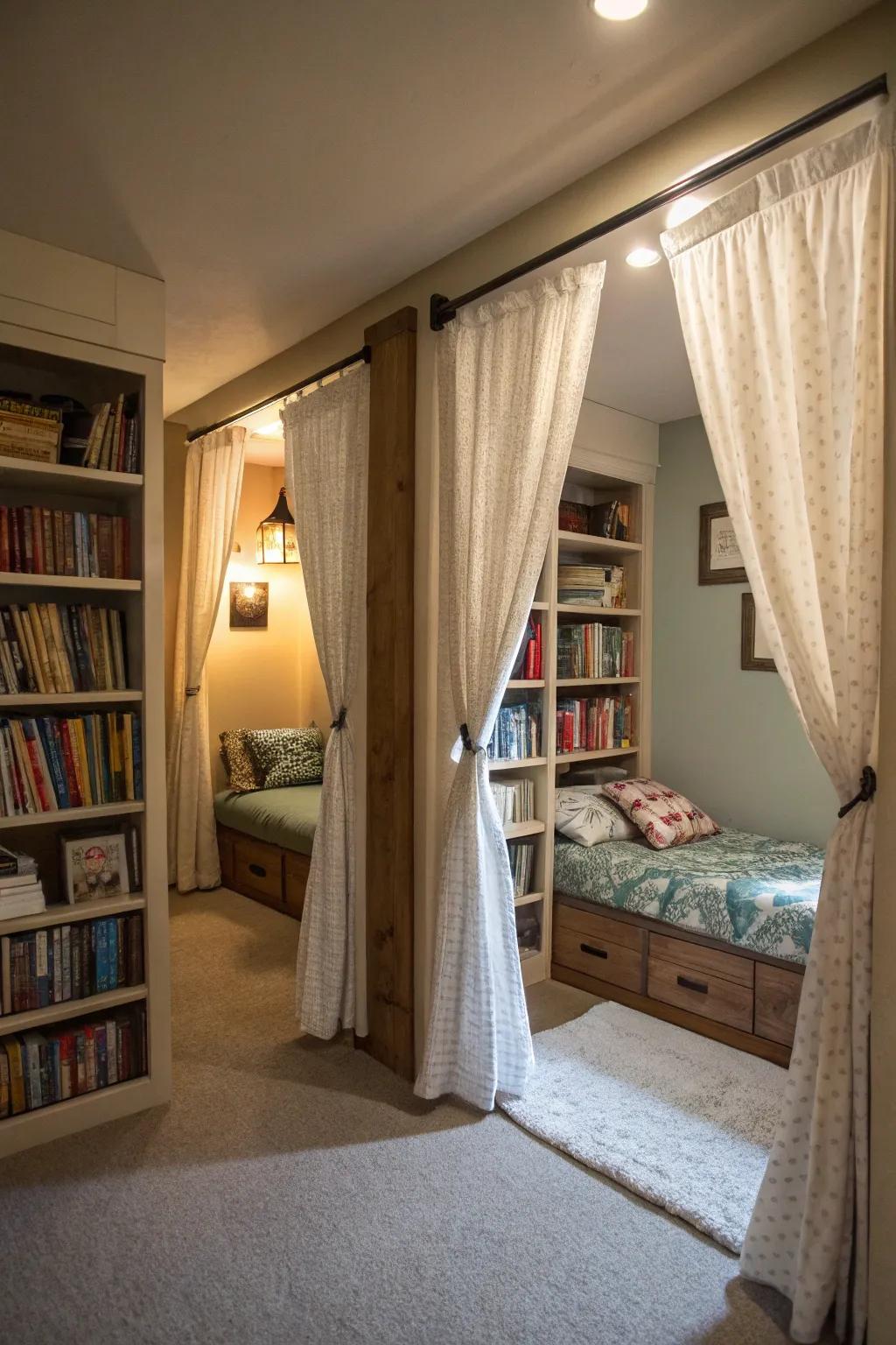 Creative privacy solutions provide personal space within a shared room.