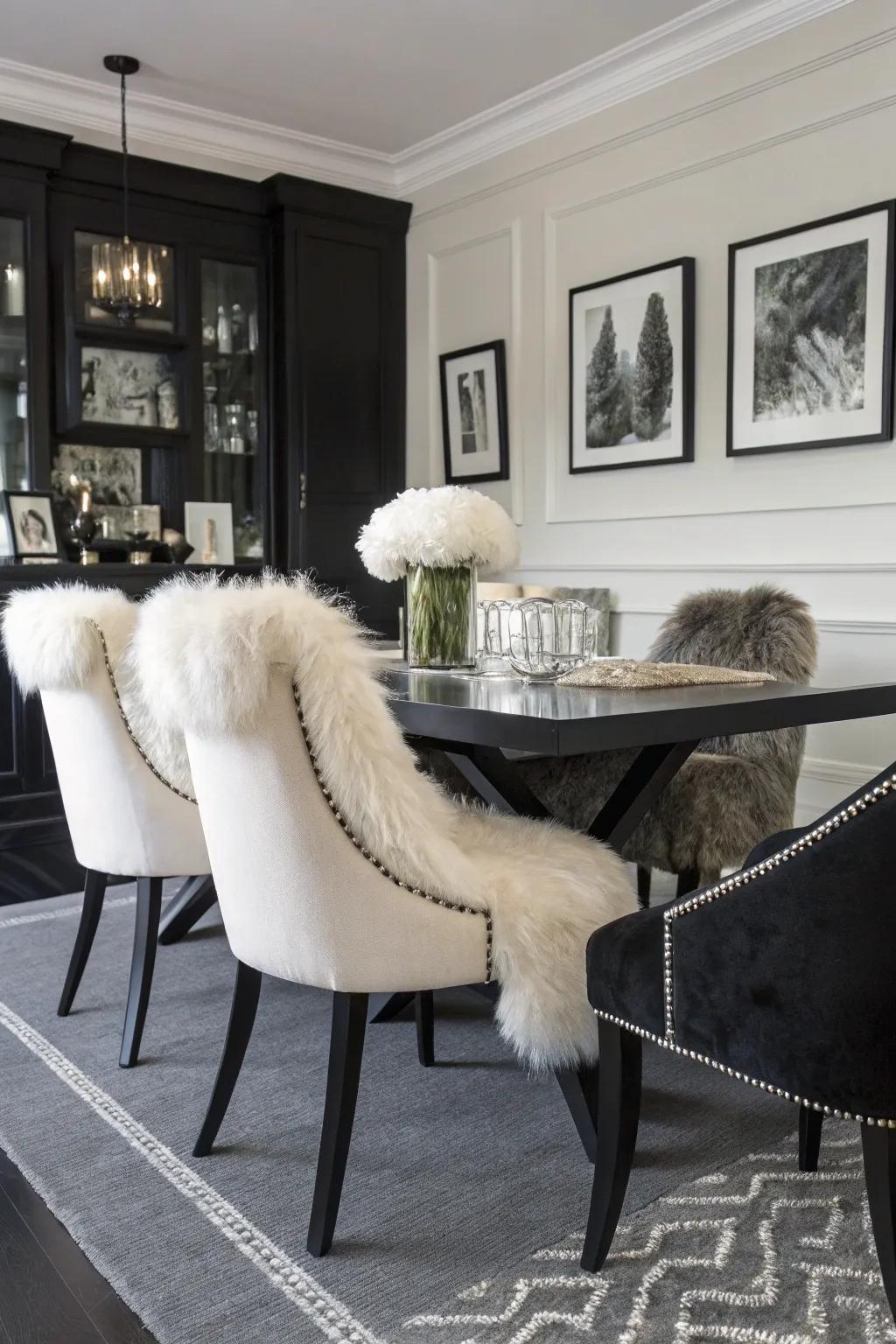 Faux fur accents add luxury and warmth to the dining room.
