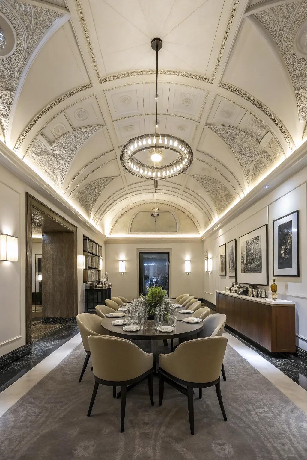 An elongated dome ceiling enhances the proportions of this dining room.