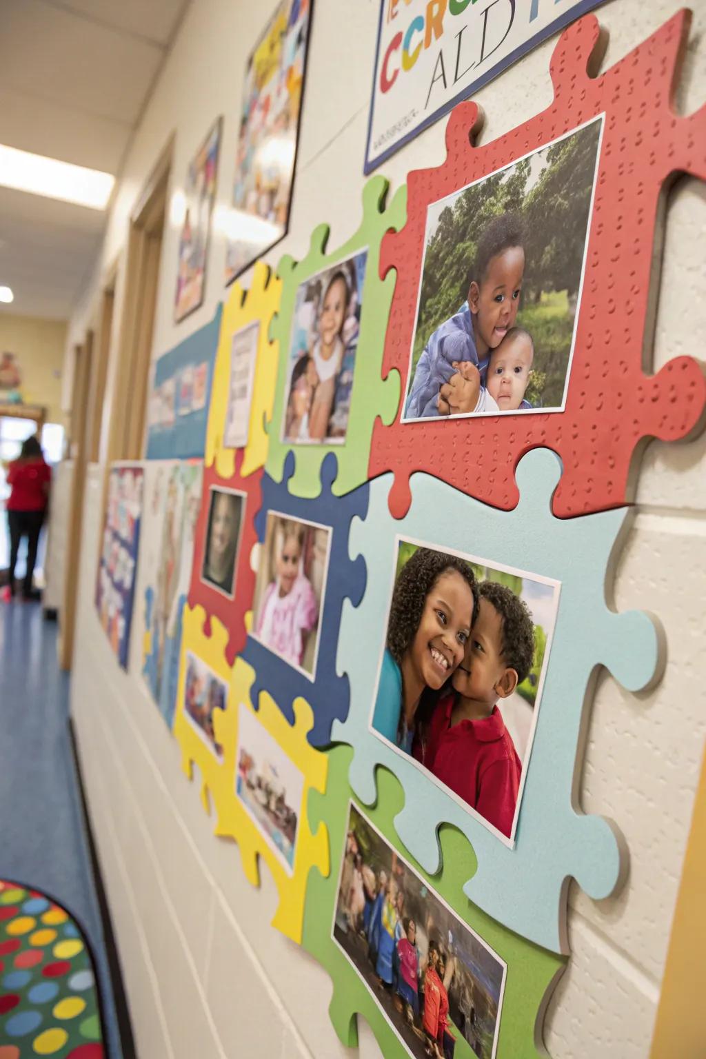 A playful bulletin board puzzle composed of family photos, inviting children to piece it together.