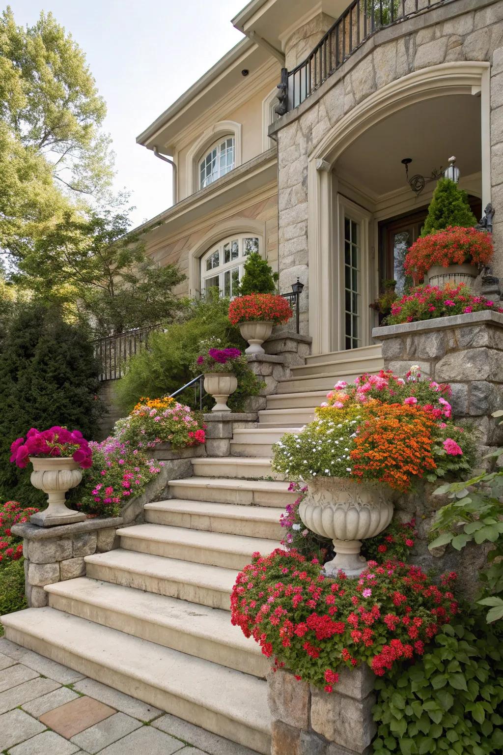 Elevated planters adding dimension to the stairs.