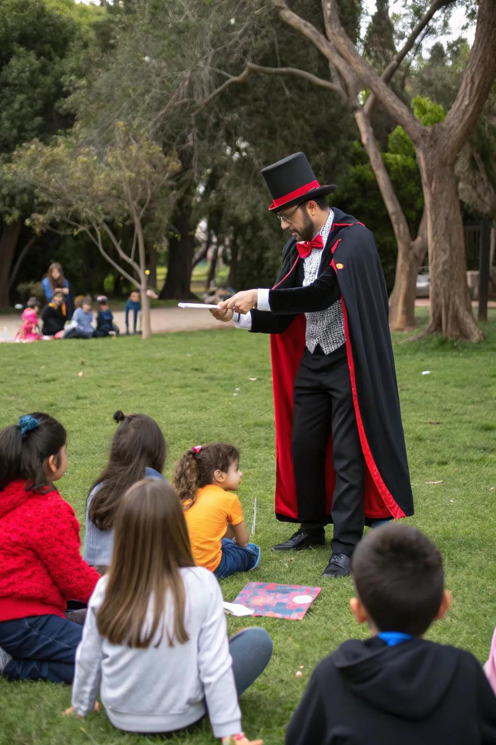 A captivating magic show entertaining children outdoors.