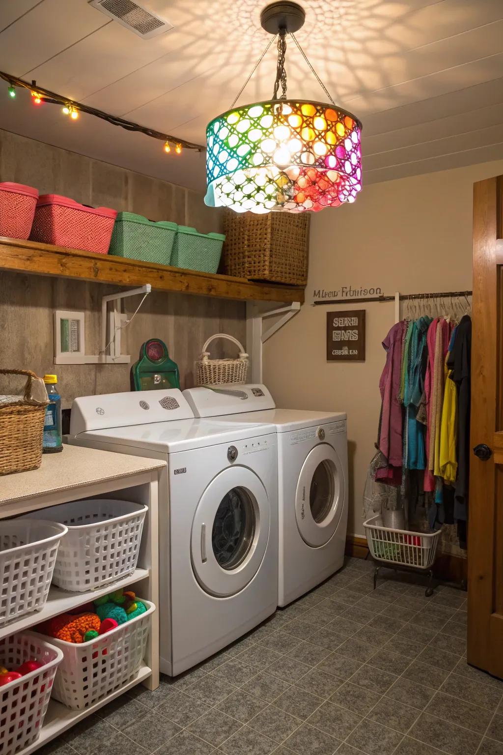 Playful lighting fixture bringing a cheerful touch to the laundry room.