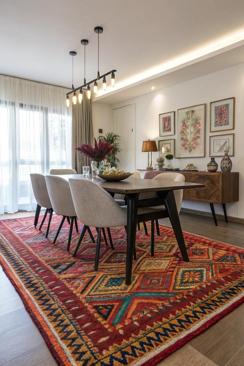 Bold colors make the rug a stunning focal point in the dining room.