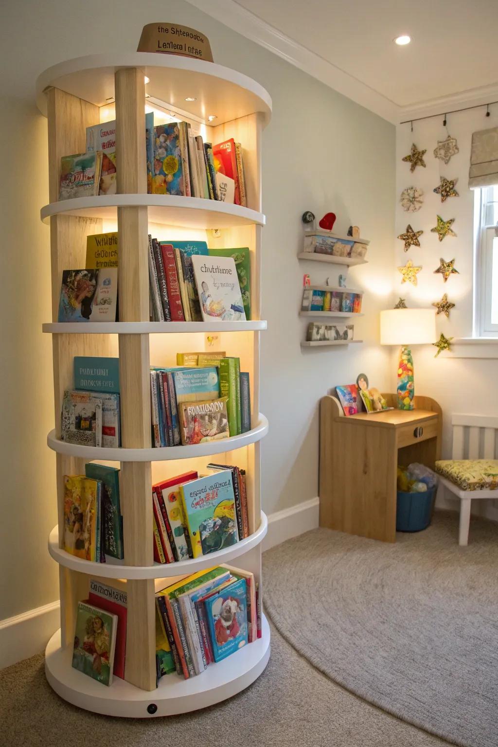 A rotating bookshelf saves space and makes books accessible.