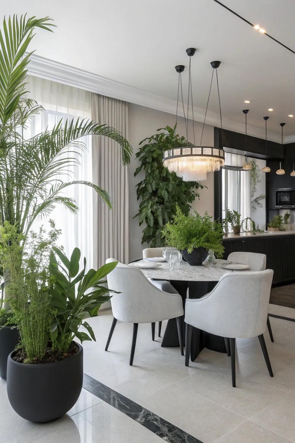 Greenery brings life and freshness to the dining room.