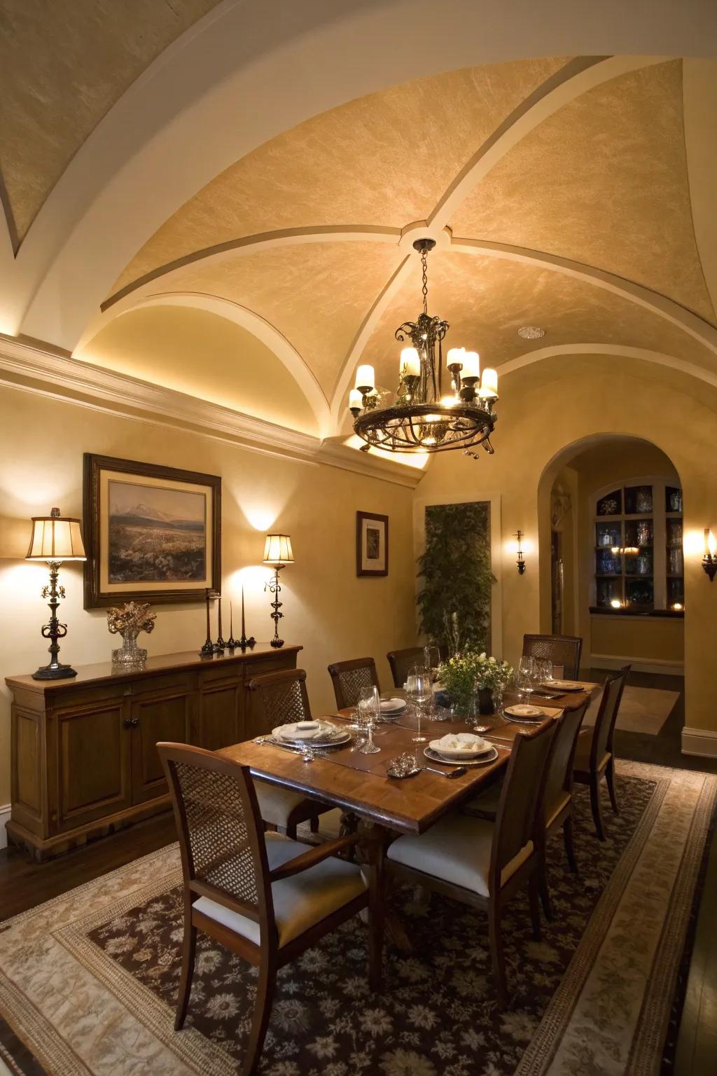 Cove ceilings provide a gentle, sophisticated transition in this dining room.