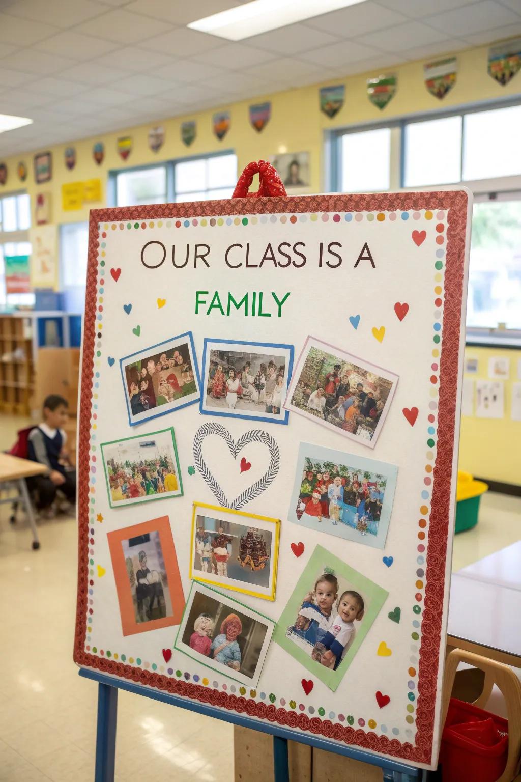 A bulletin board celebrating classroom unity with the theme 'Our Class is a Family.'