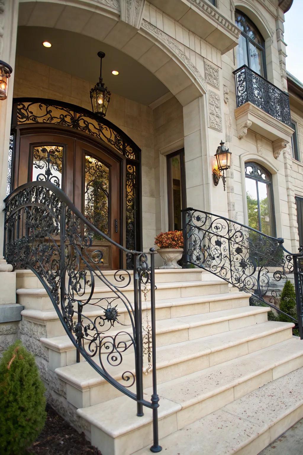Intricate wrought iron railings for personal flair.