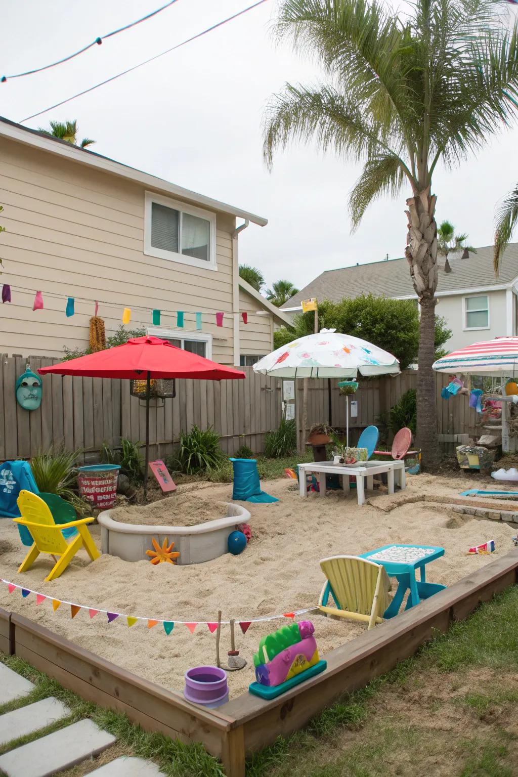 A backyard beach party with sand and water fun.