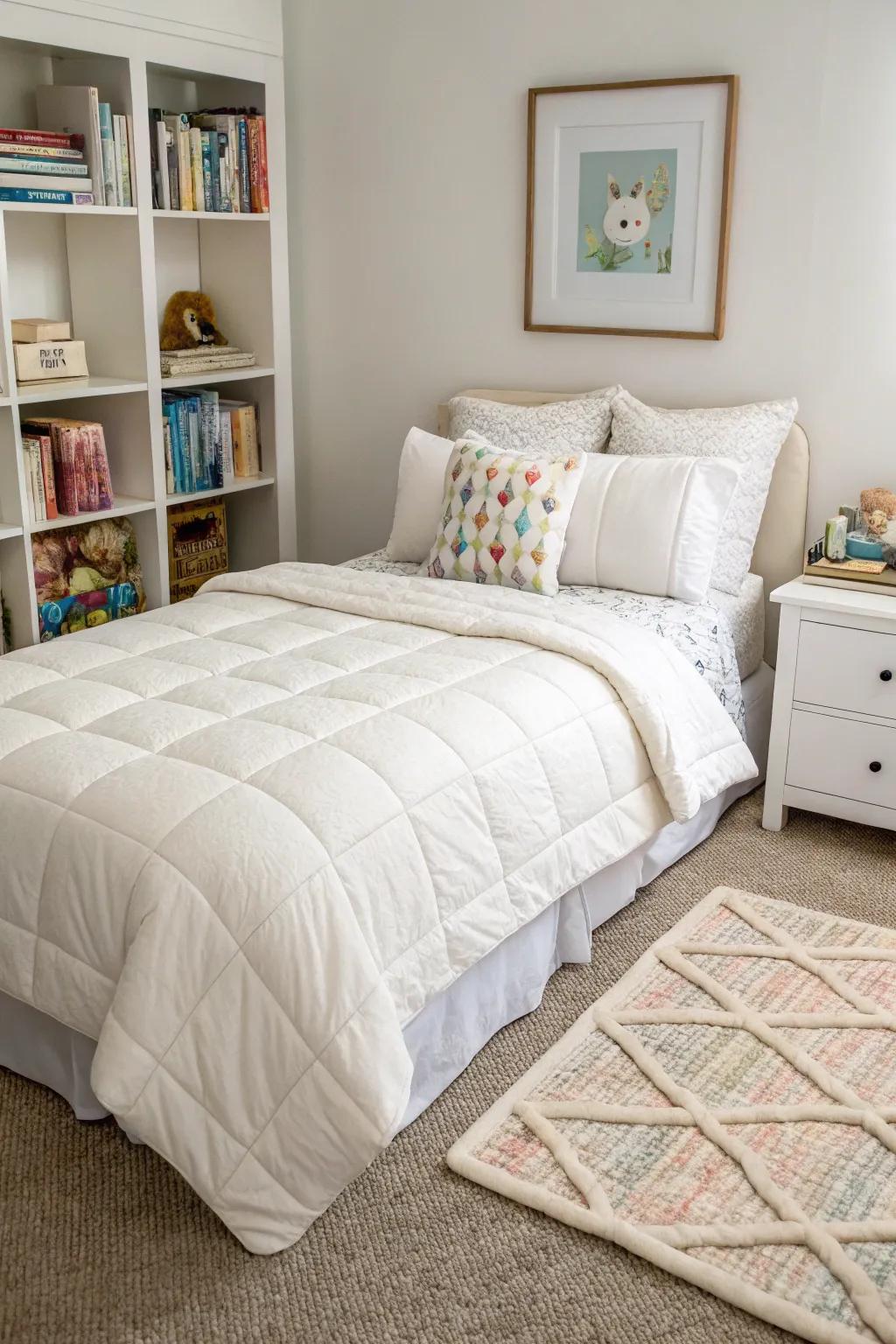 Simple bedding offers comfort and ease.