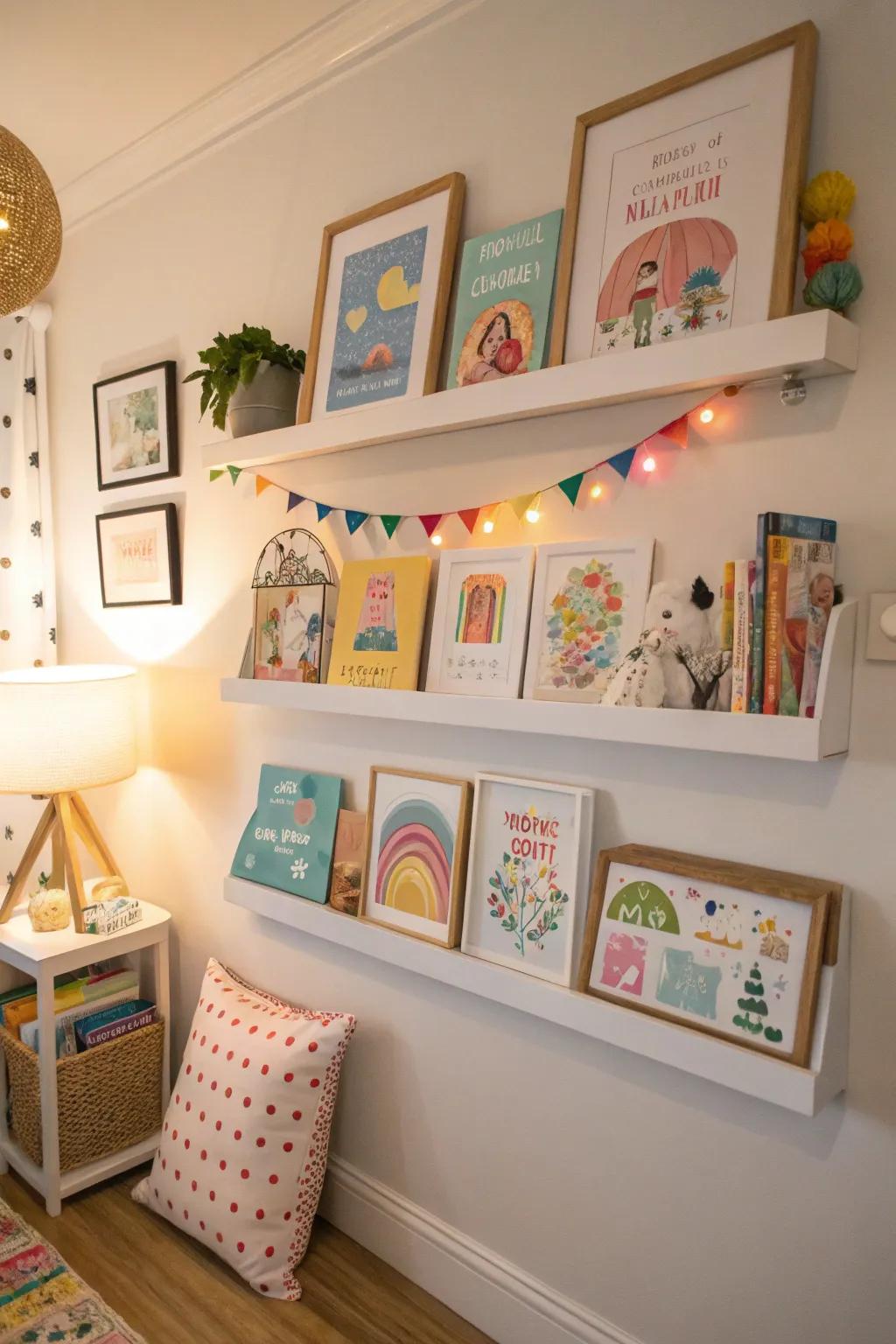 A gallery wall with shelves adds artful engagement to the nursery.
