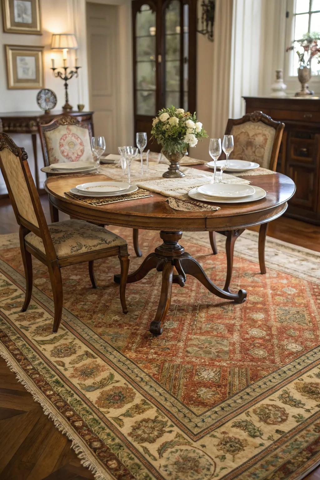 Vintage rugs add history and character to any dining setting.