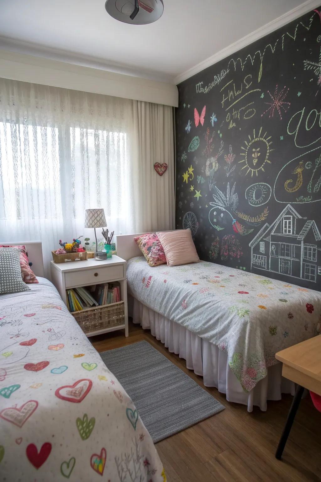 A chalkboard wall offers a creative outlet for the sisters.