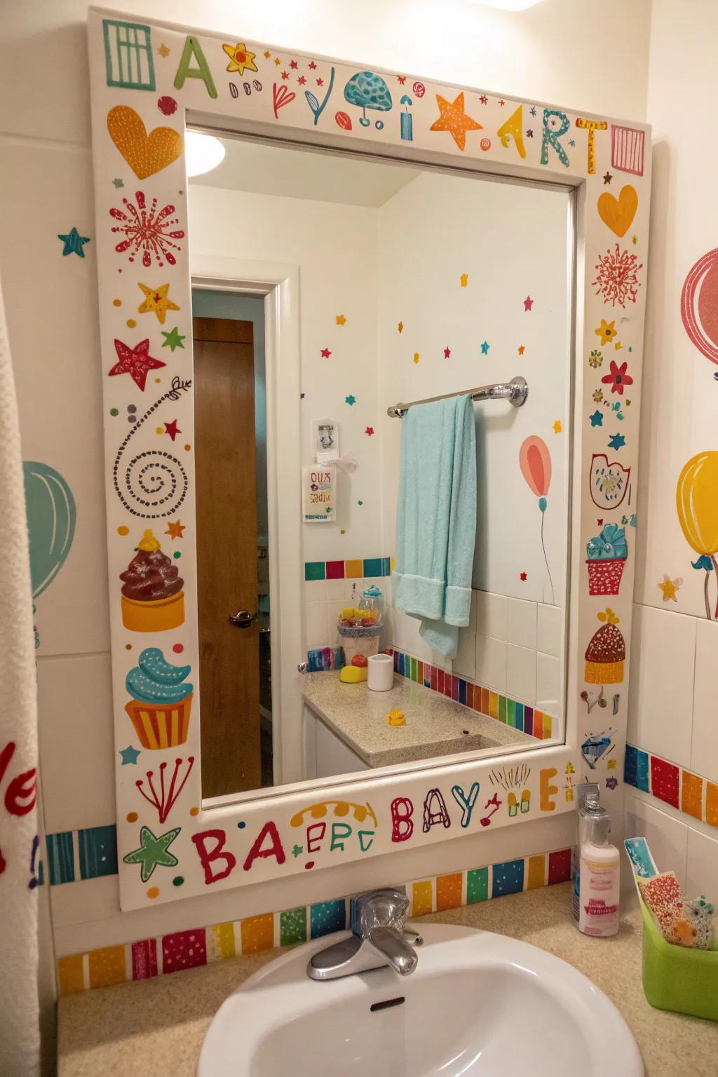 A mirror adorned with festive birthday decals.