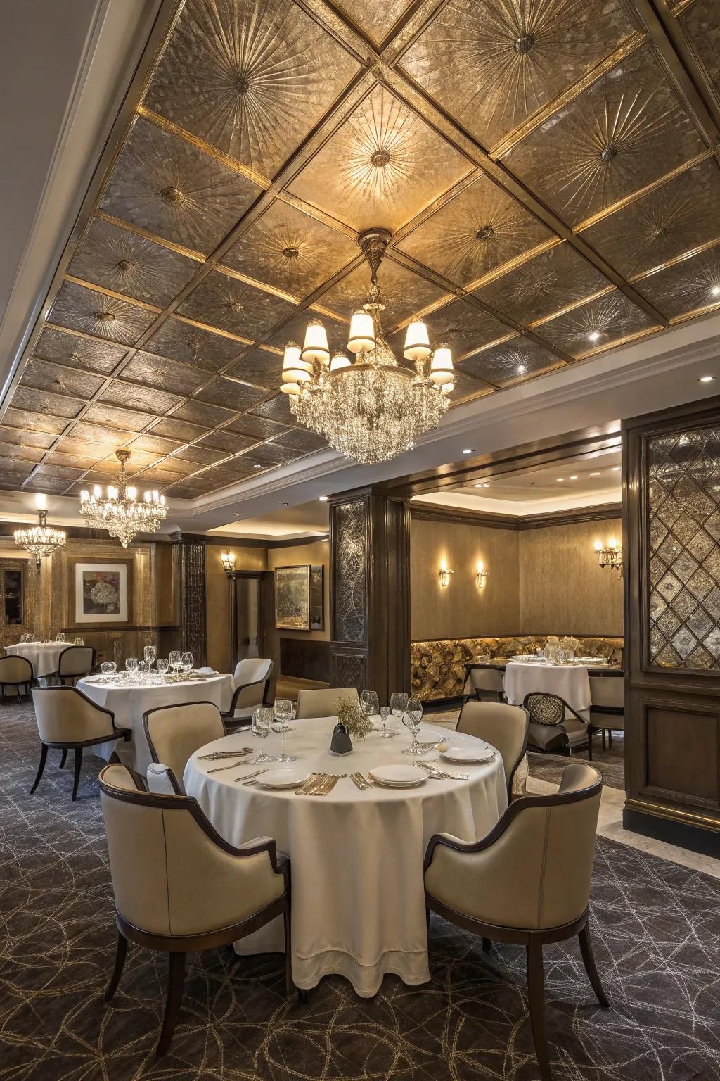 Metallic finishes lend a modern, luxurious touch to this dining room ceiling.