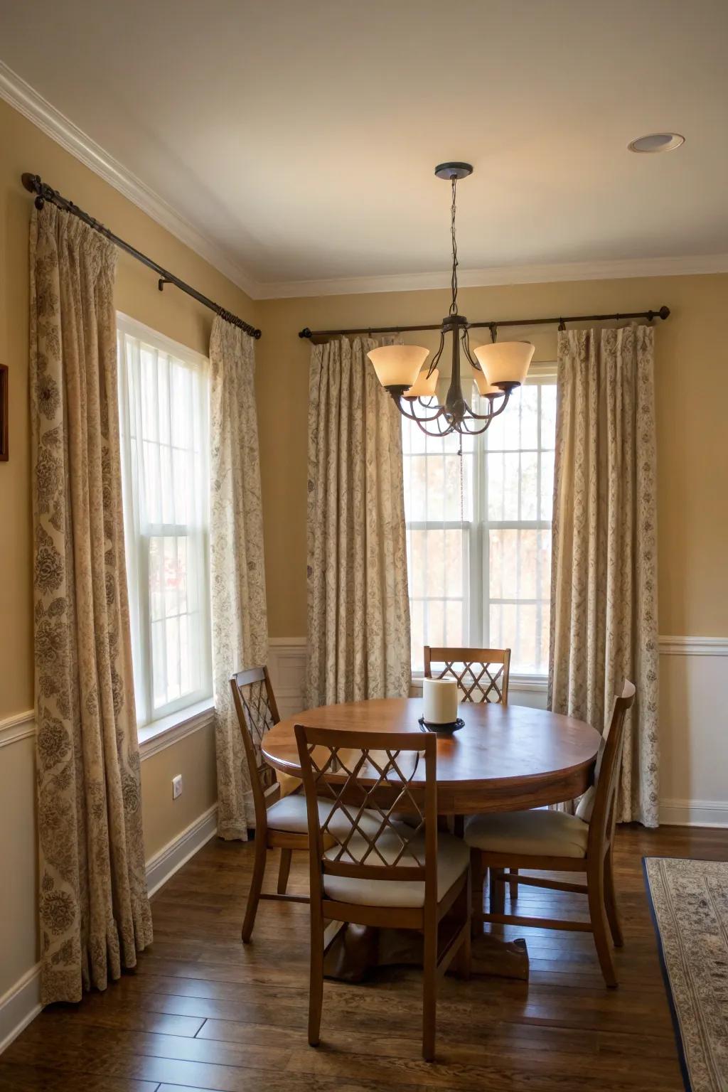 Matching curtains and walls create a cohesive and elegant look.