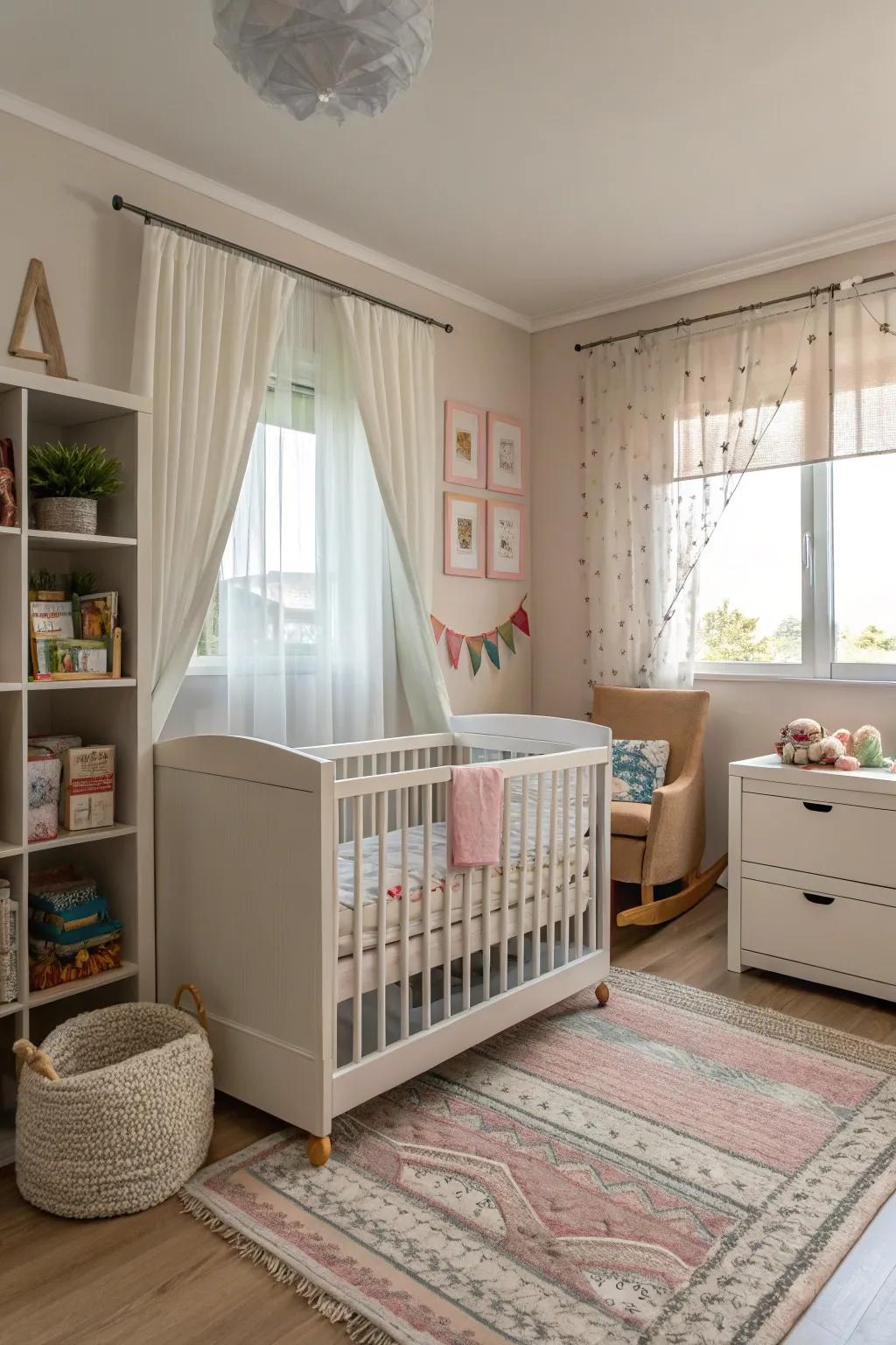 Smart hidden storage keeps the nursery organized.
