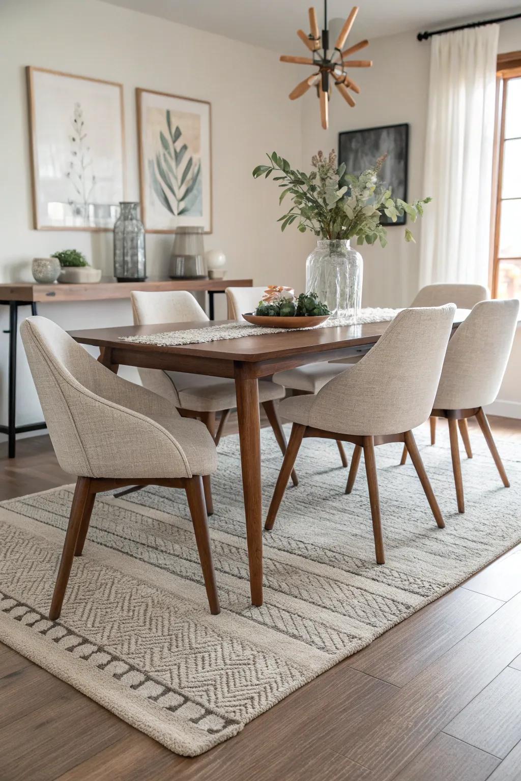 Minimalist rugs offer balance in highly decorated spaces.