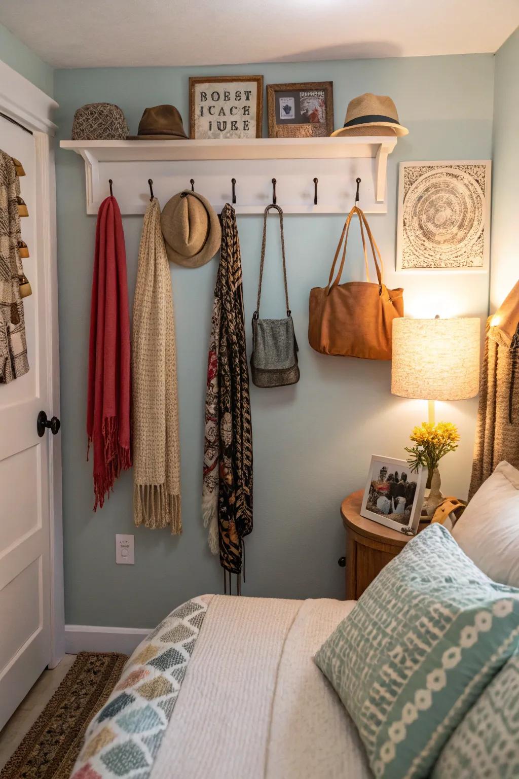 Decorative hooks combine function and style in small spaces.