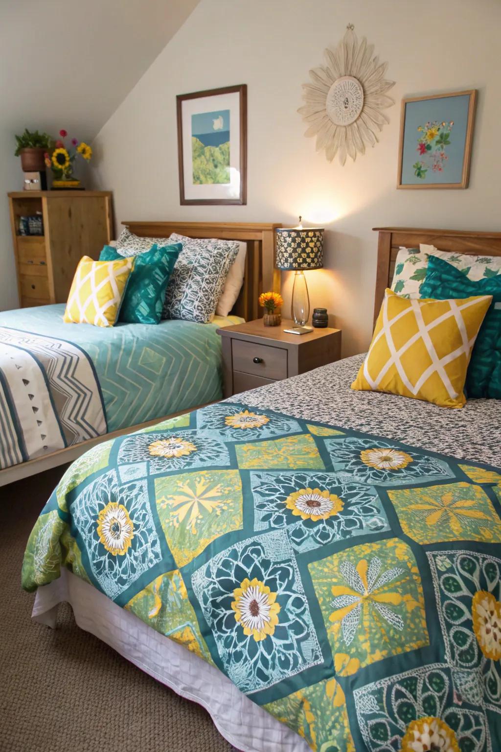 Custom bedding and pillows reflect the sisters' individual tastes.