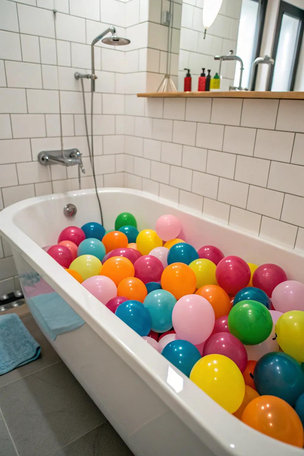 A bathtub filled with balloons for a fun surprise.