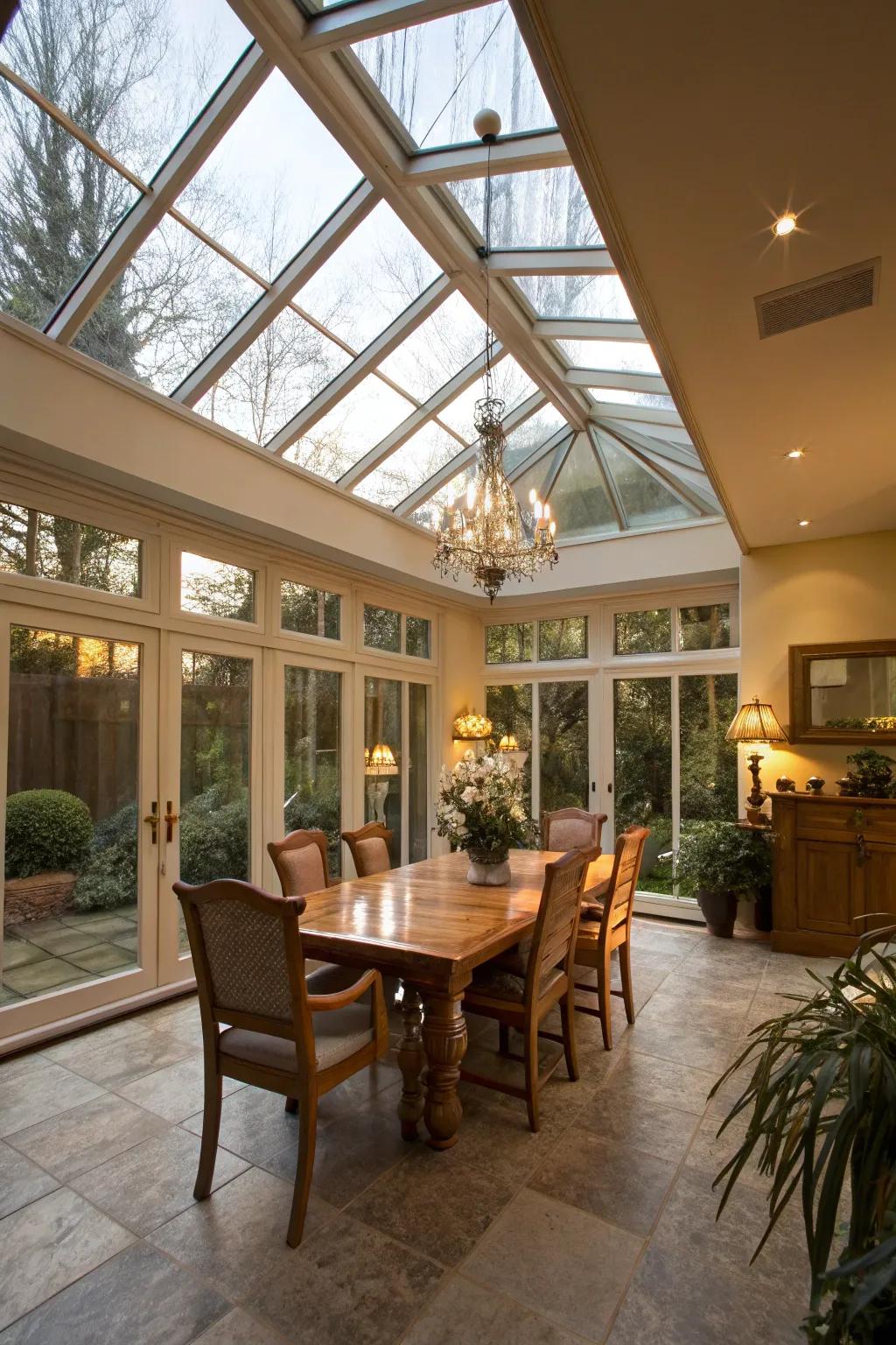 Glass ceiling panels create an airy, light-filled dining room atmosphere.
