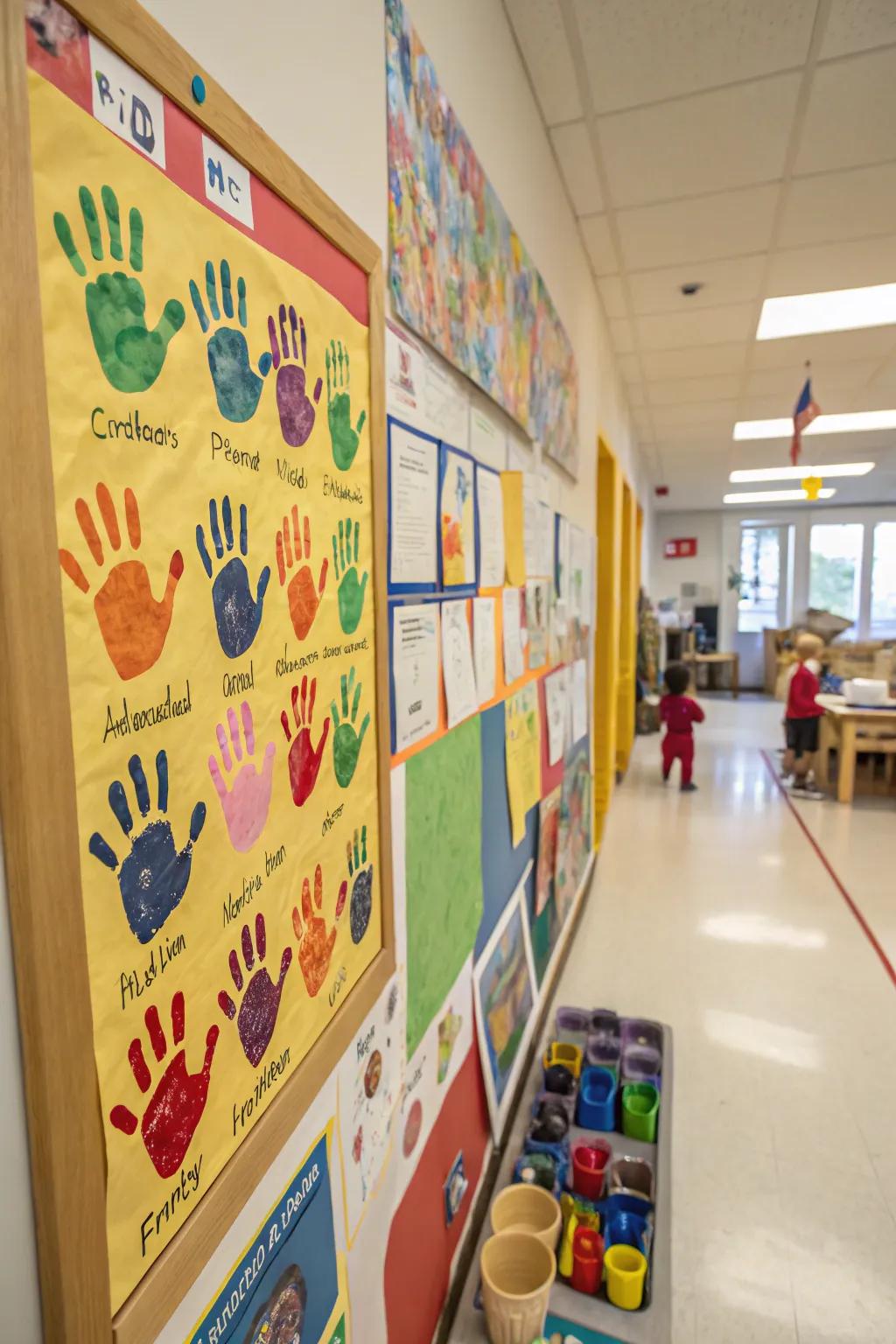 A vibrant bulletin board showcasing colorful handprint art created by families.