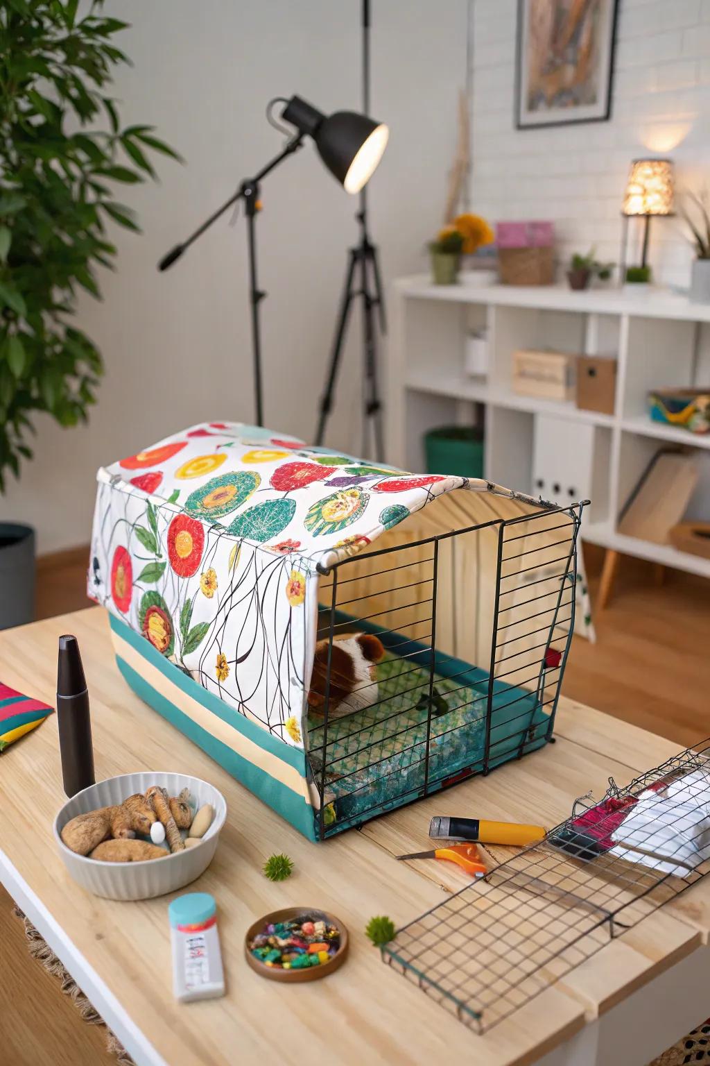 An artistic cage cover adding vibrant flair to a creative studio space.