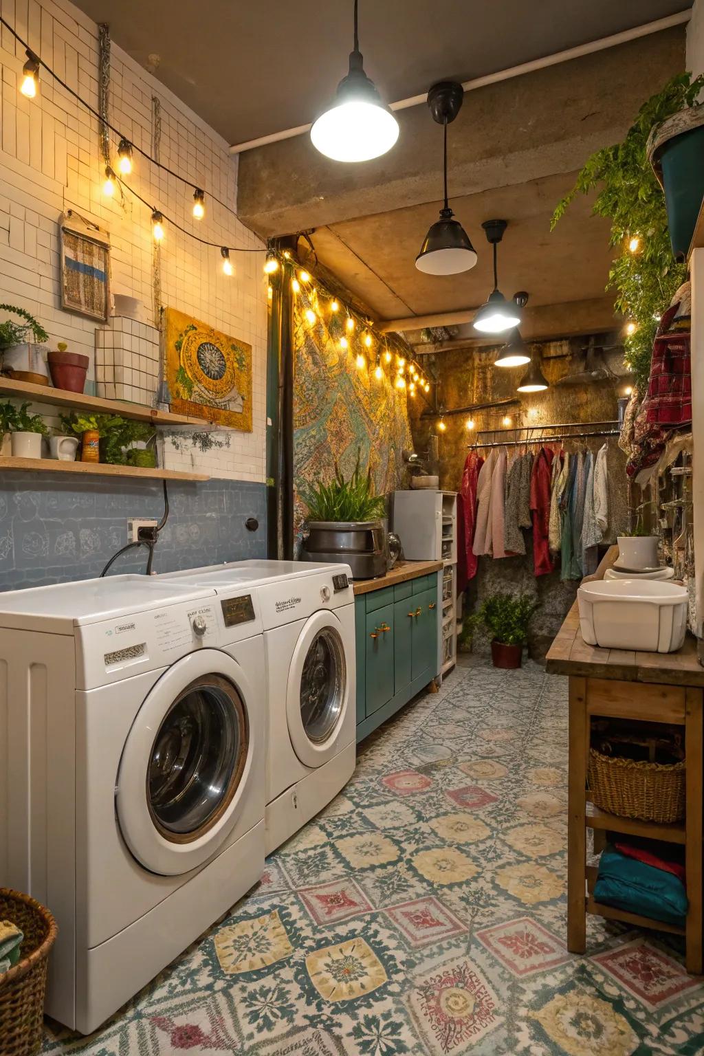 Unique laundry room with a mix of lighting styles for a personalized touch.