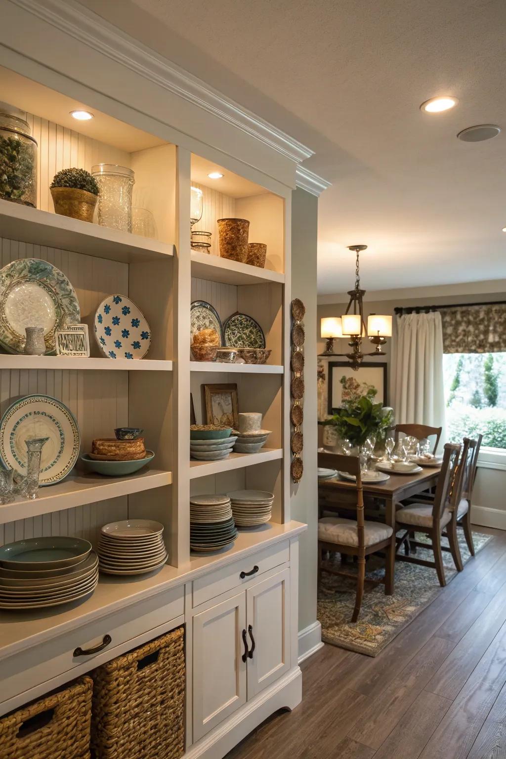 Open shelving provides both practicality and style.