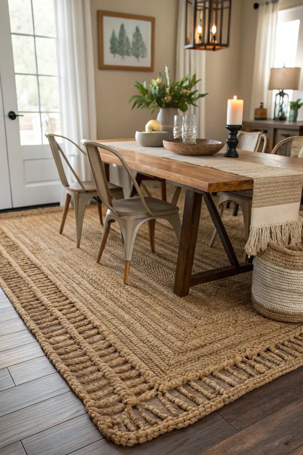 Natural materials like jute add an organic touch to your dining room.