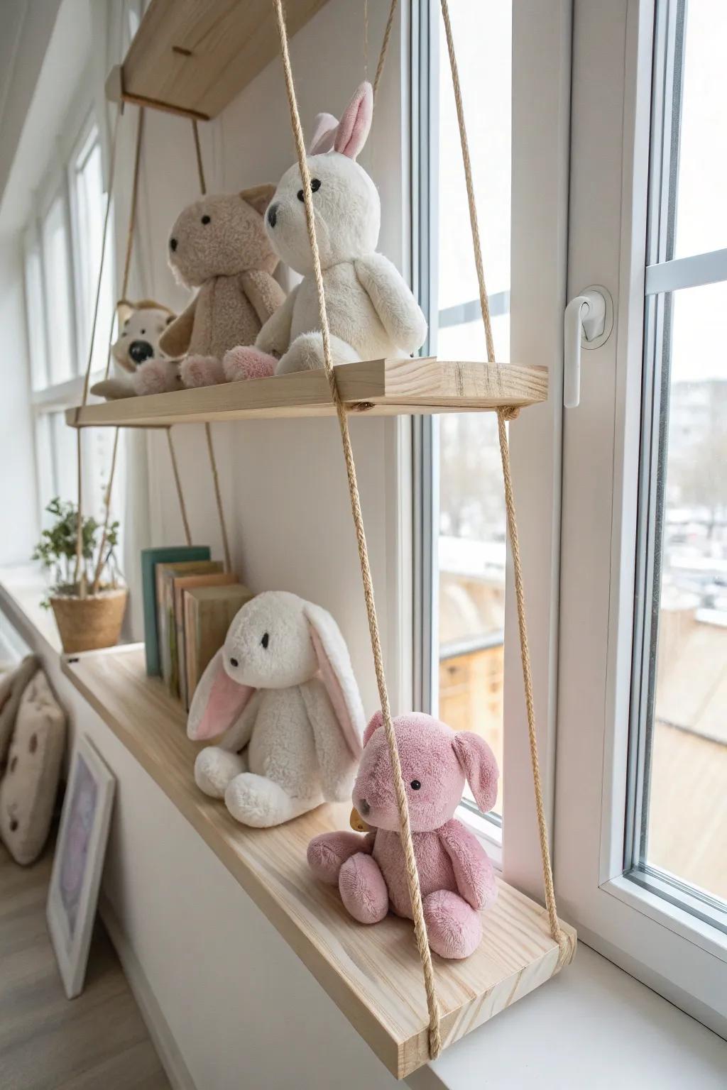 Transform your storage with Scandinavian simplicity and boho charm—bungee cord shelves keep your cuddly companions secure and stylish.