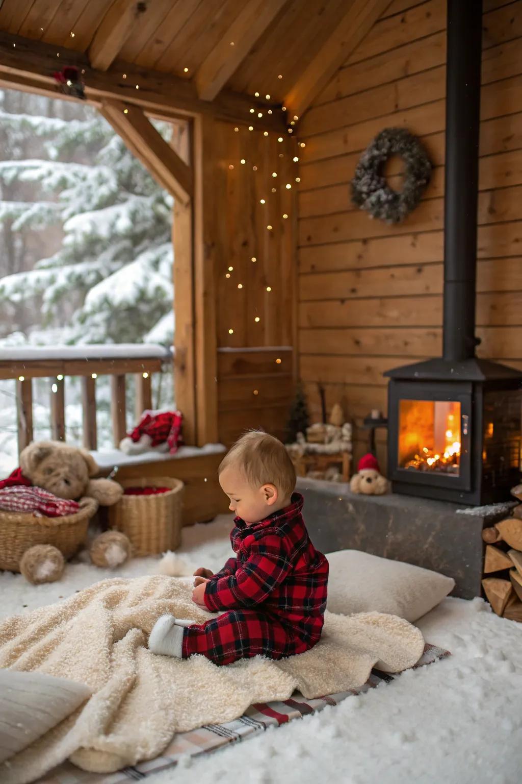 Create a rustic cabin vibe with cozy winter textures.