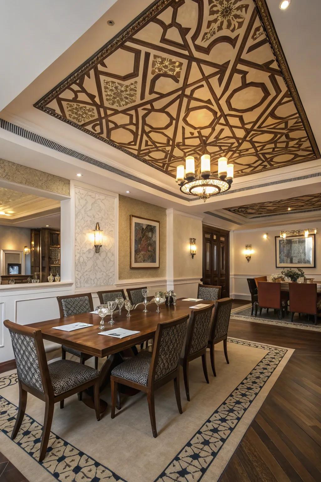 Geometric patterns introduce a modern edge to this dining room ceiling.