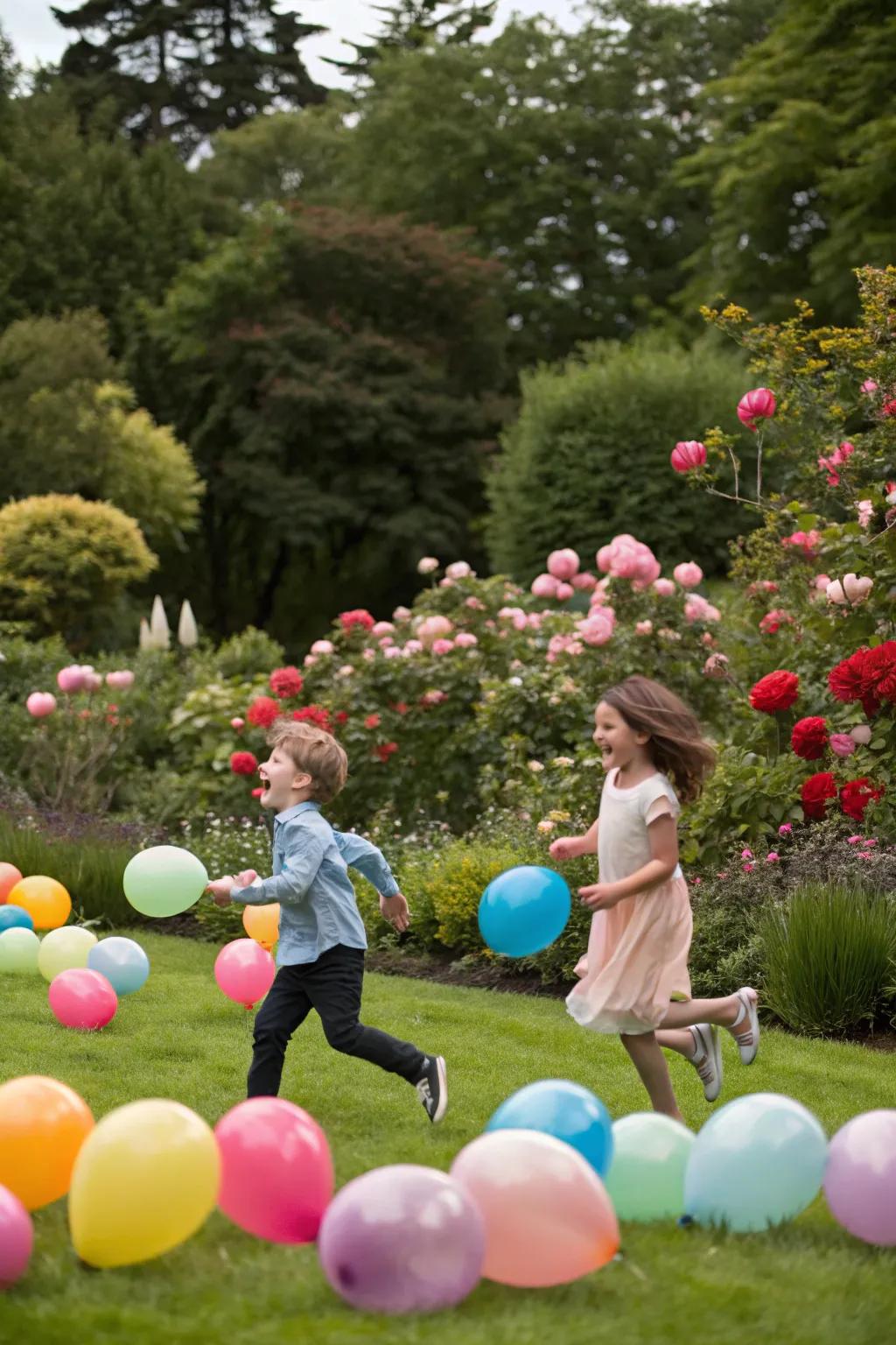 A whimsical balloon bonanza decorating the garden.