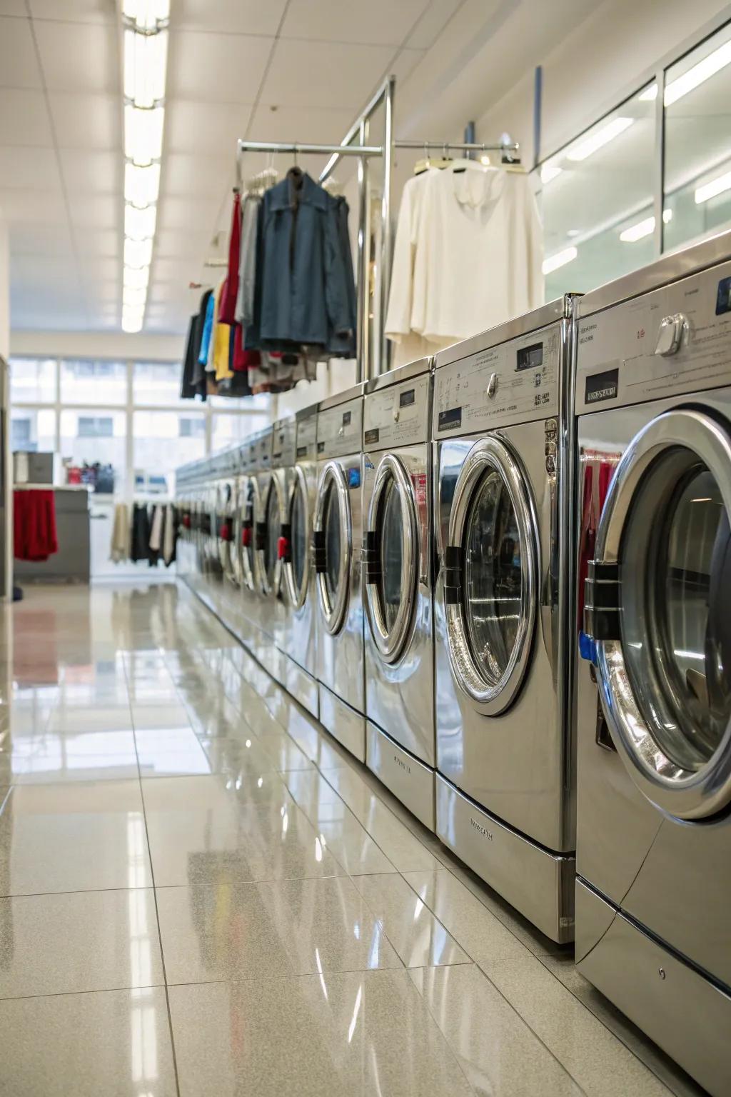 Reflective surfaces enhancing the brightness of the laundry room.