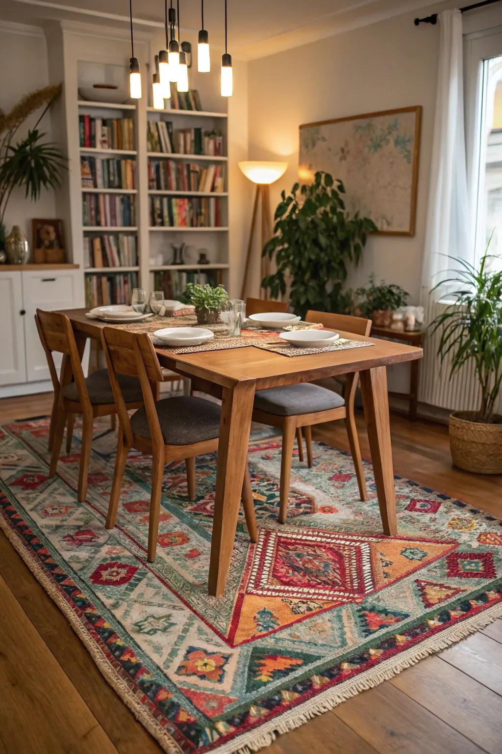 Bohemian rugs bring lively and eclectic vibes to your dining room.