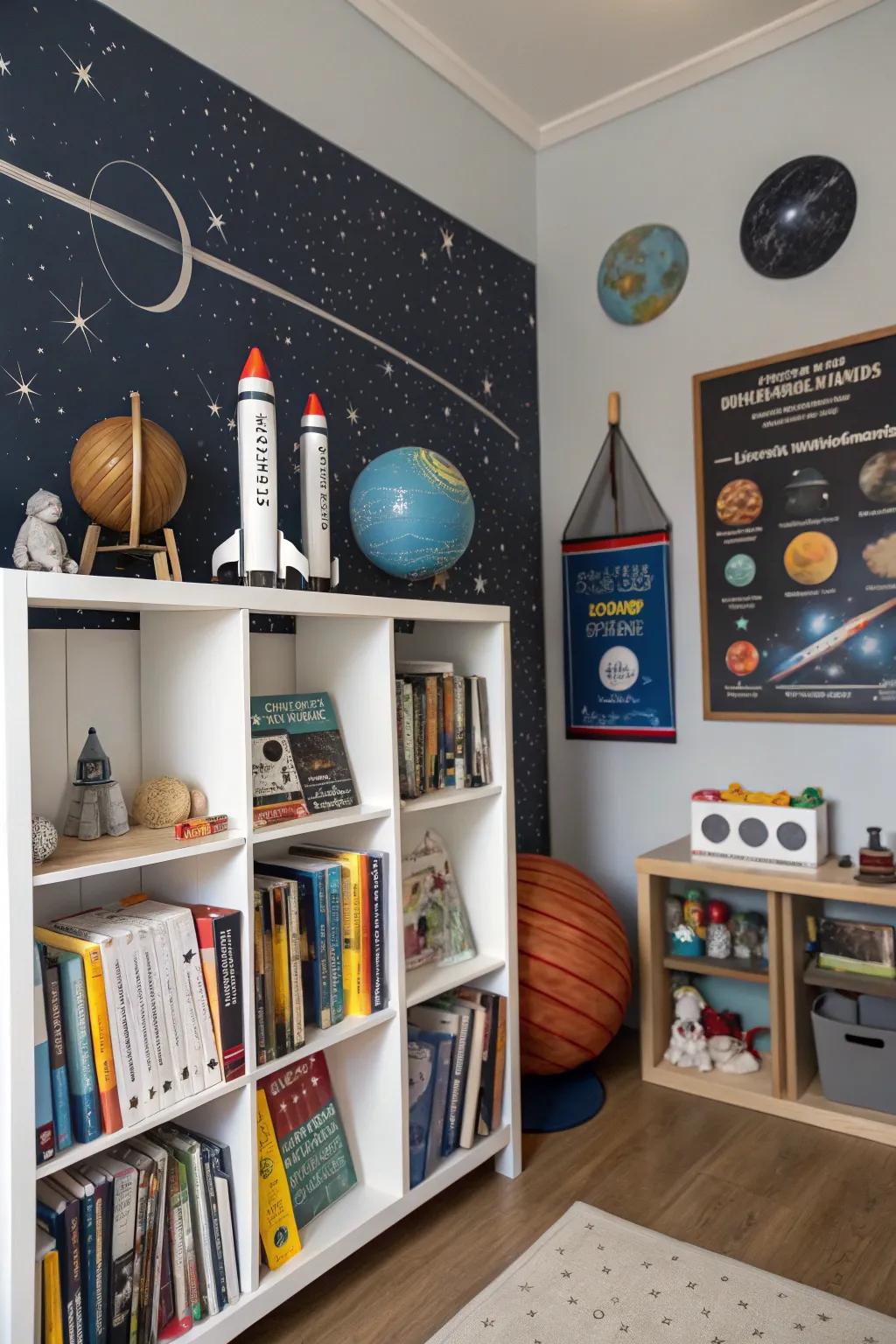 Stimulate learning with an astronomy bookshelf.
