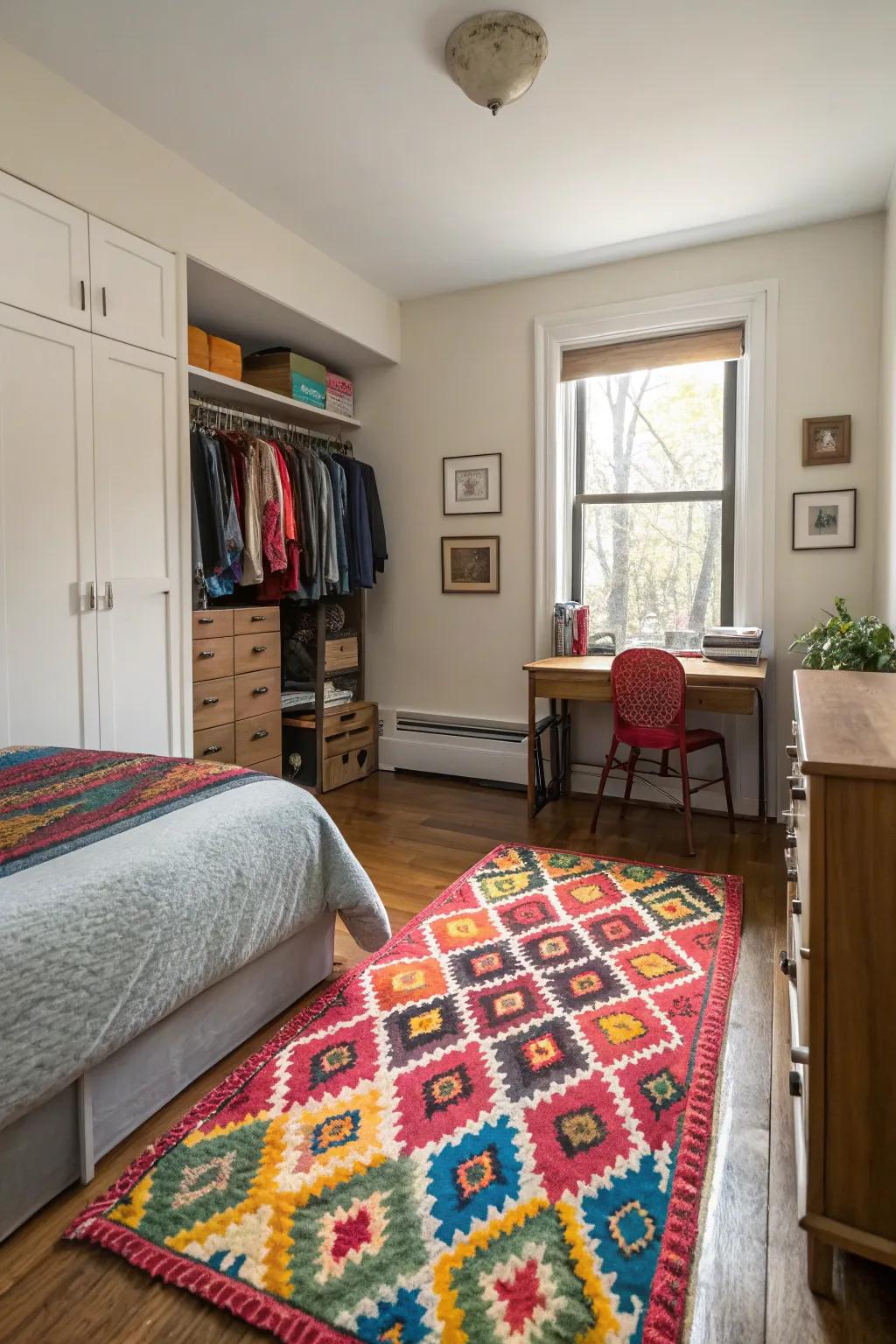 A statement rug adds color and texture, tying the room together.
