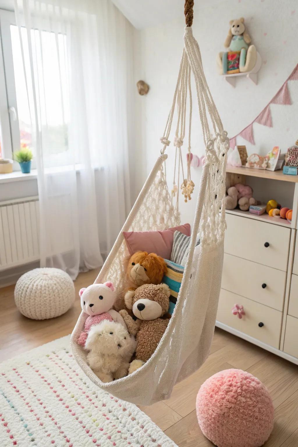 A toy hammock provides a playful storage solution for plush toys.