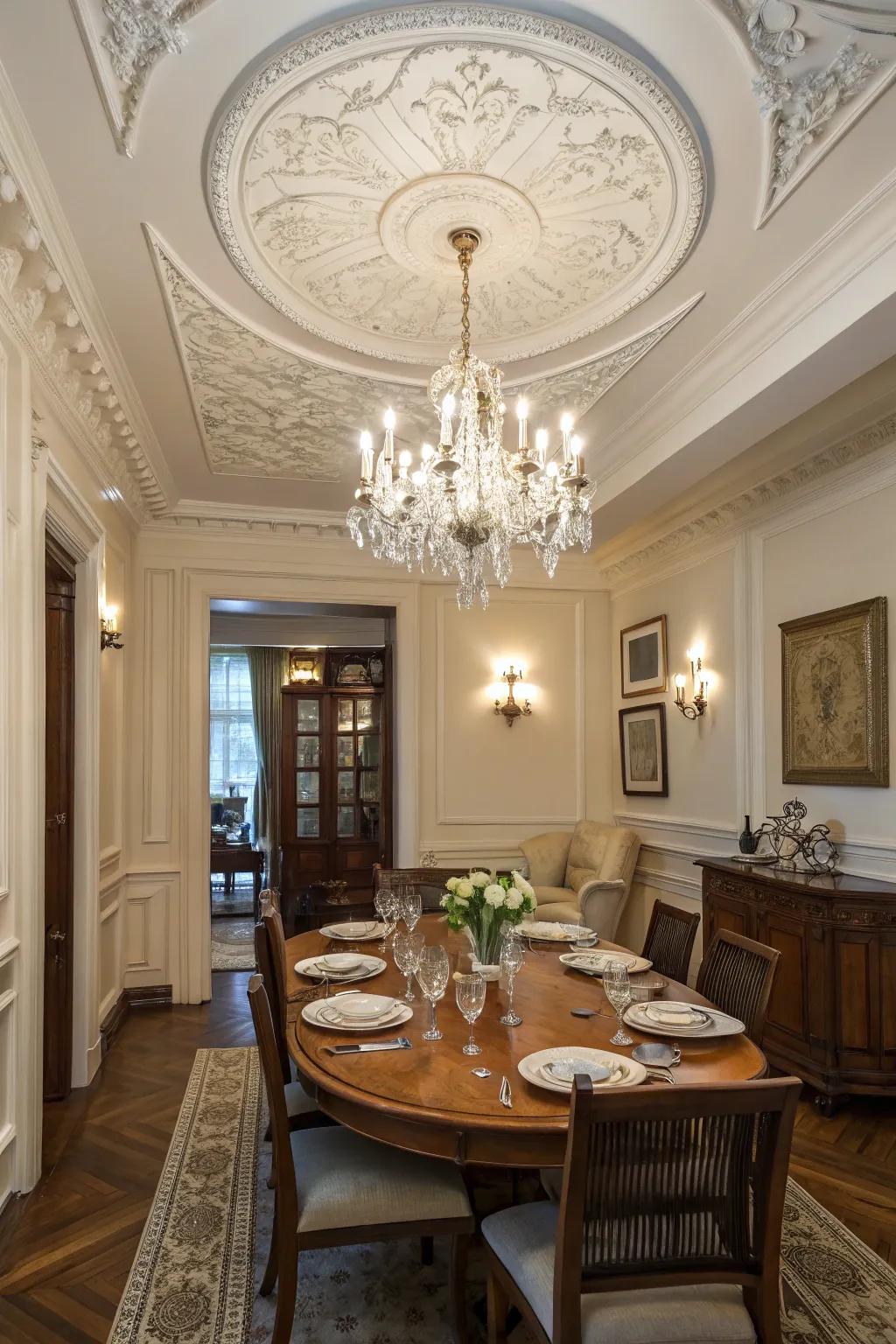Ceiling medallions provide a touch of historic charm in this dining room.