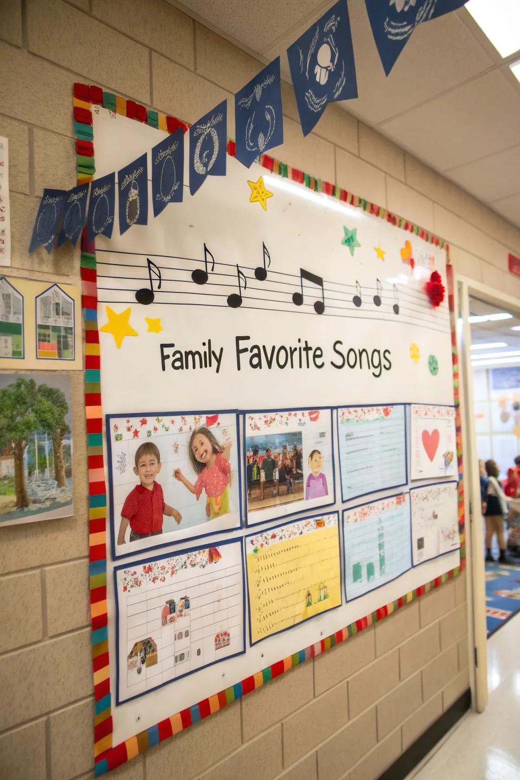 A musical bulletin board showcasing a playlist of family favorite songs.