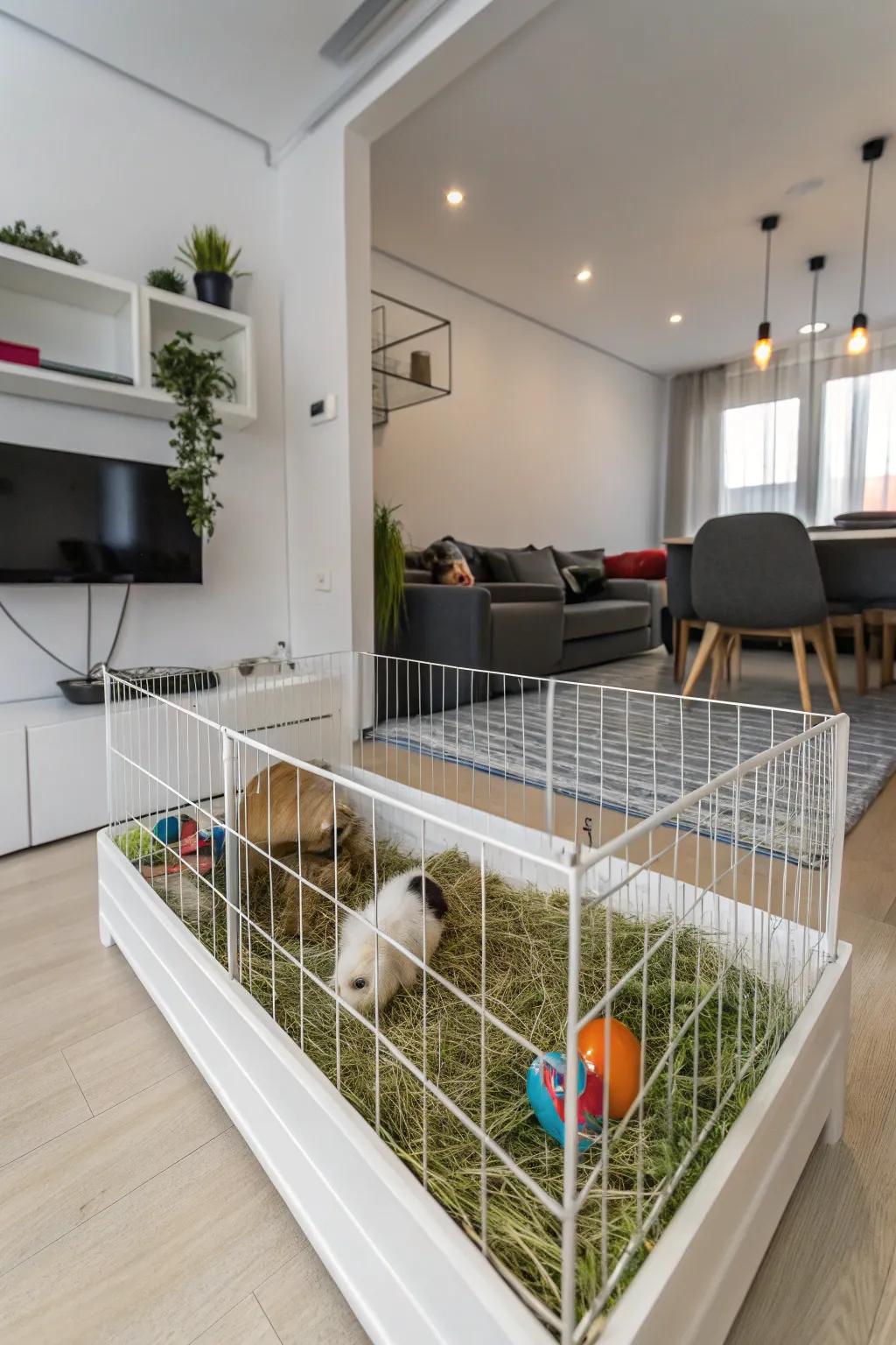 A wall-mounted cage, freeing up floor space in a modern, minimalist apartment.