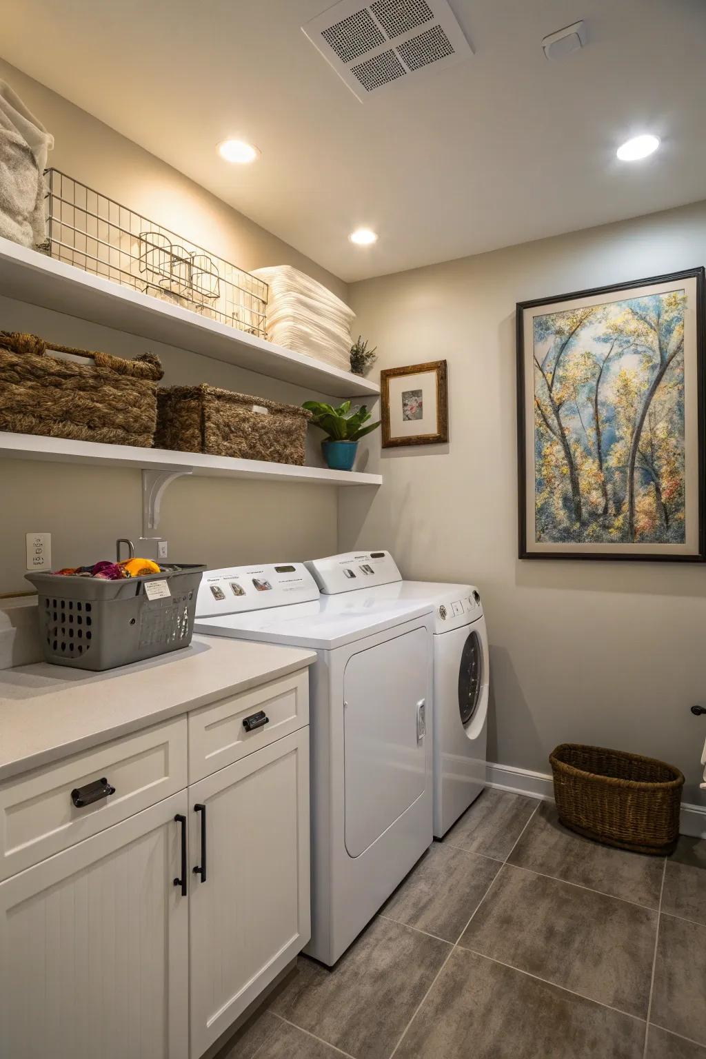 Accent lighting bringing focus to artwork in the laundry room.