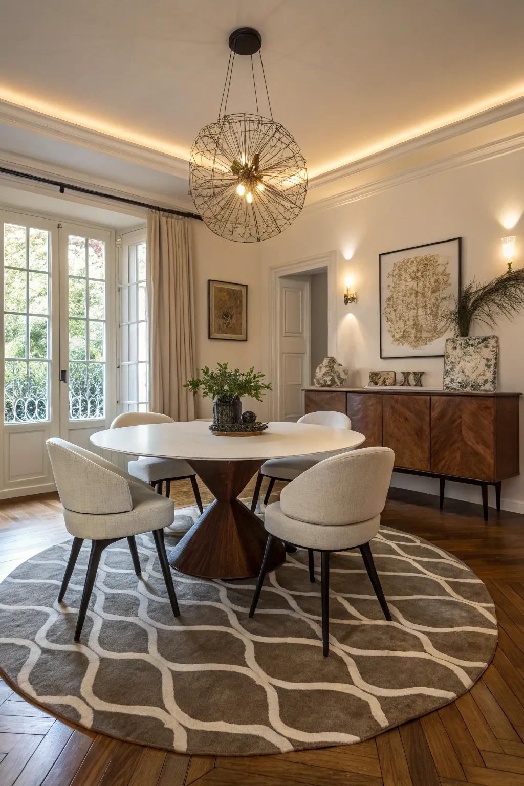 Unconventional shapes add intrigue and dynamics to dining spaces.
