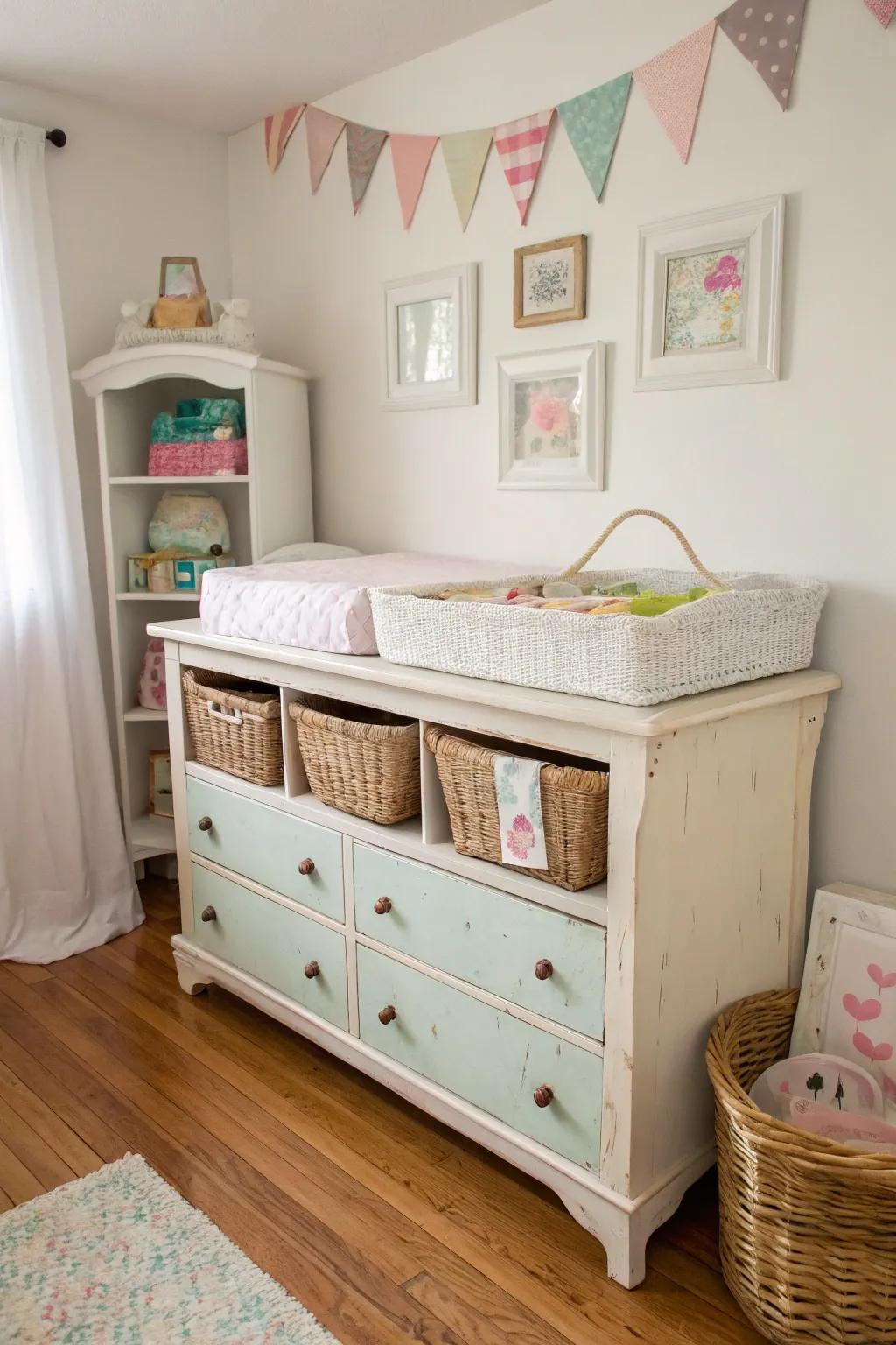 Repurposed furniture adds charm and practical storage to the baby room.